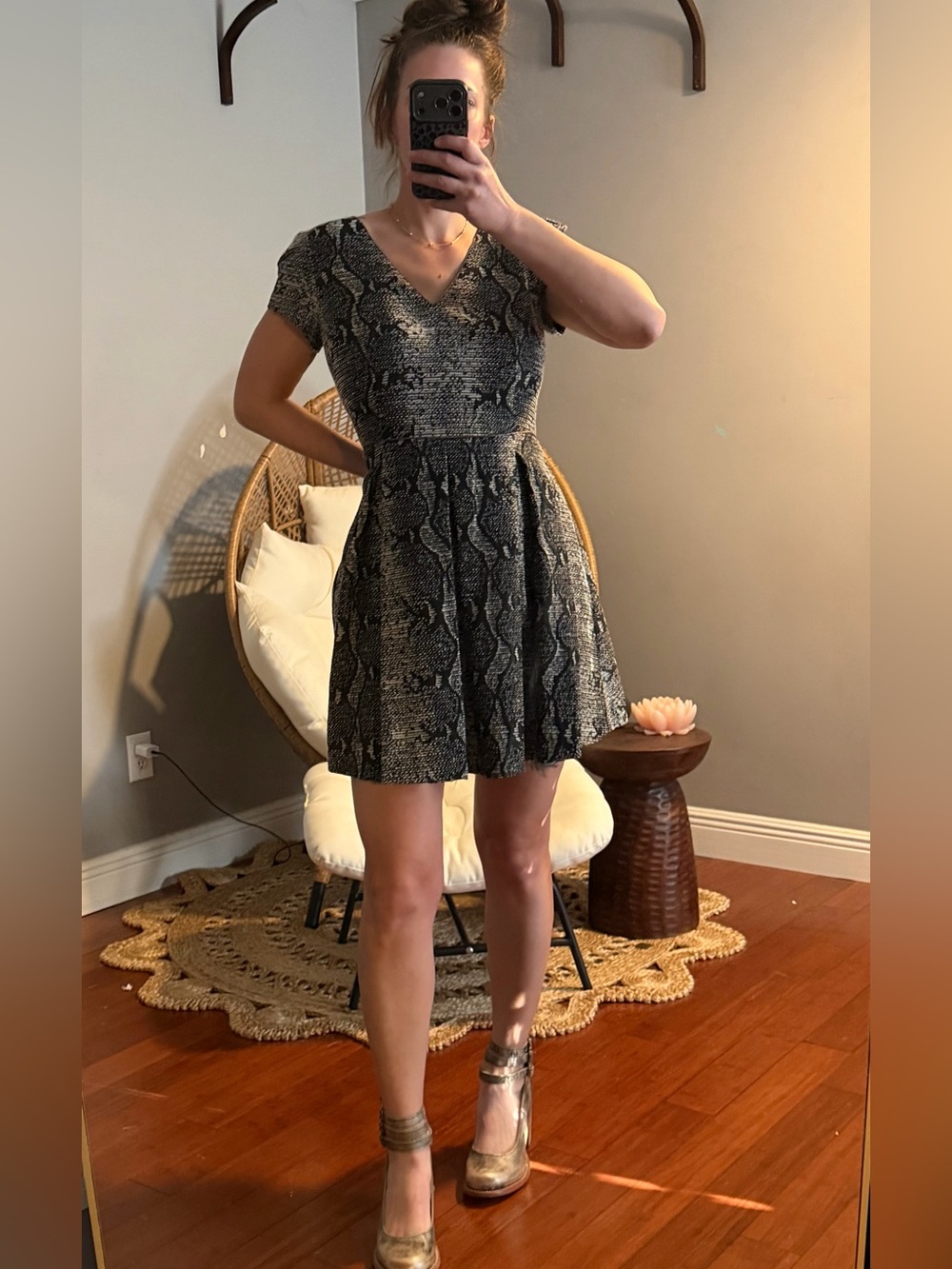 Banana Republic Short V-Neck Snake Print Dress in Black and Gray